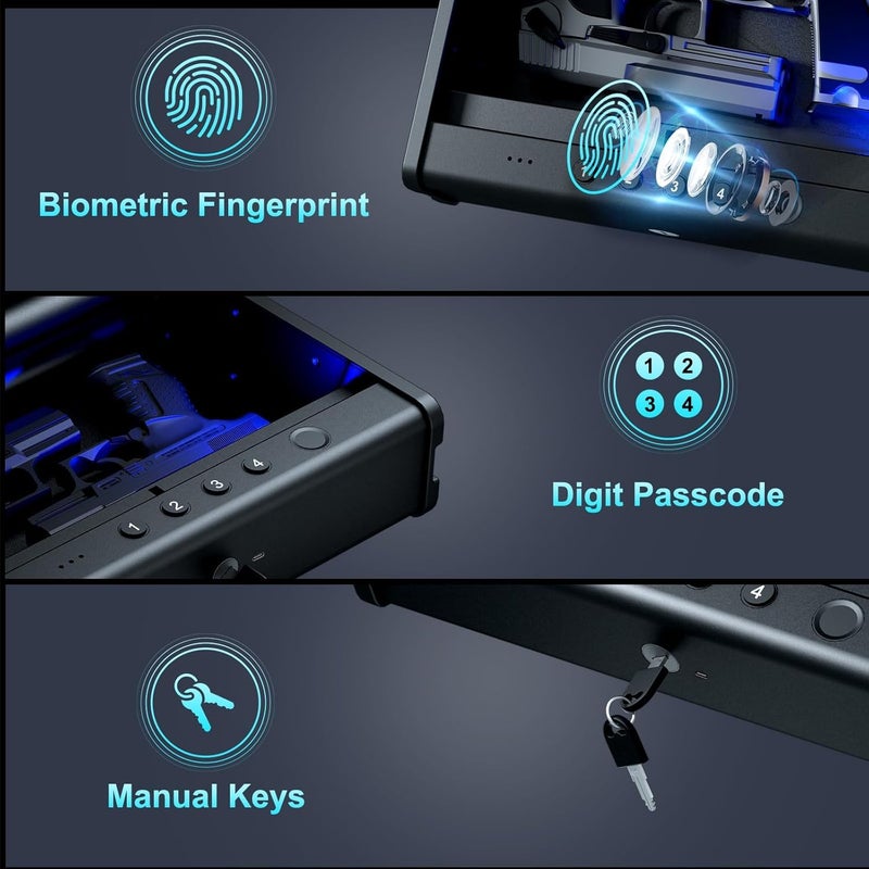 PINEWORLD Gun Safe,Biometric Gun Safe For Handgun, Pistol Safe With Fingerprint Backlit Keypad, Quick Access Handgun Safe for Firearm, Gun Lock Box With Interior Light For Nightstand Car - Image 5